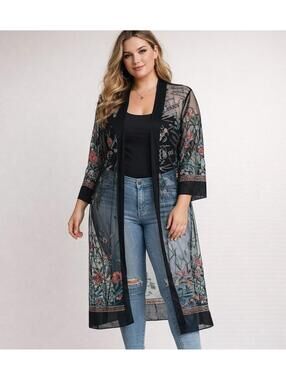 Wowo Black Sheer Mesh Embroidered Floral Kimono Cardigan 1X Boho Cottagecore